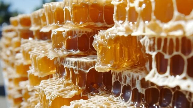 Honeycomb close-up showing golden honey and beeswax
