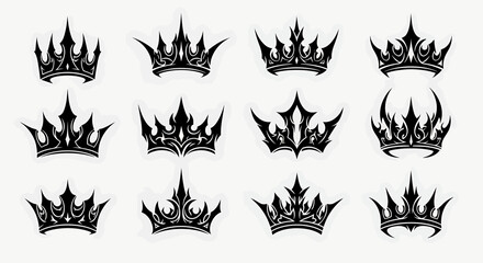 Collection of twelve stylized black crowns, each with intricate details and sharp points, isolated on a, representing royalty, power, and luxury