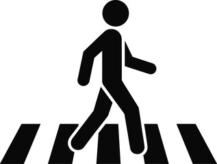 Black silhouette of a person walking across a pedestrian crossing on a white background crosswalk zebra crossing