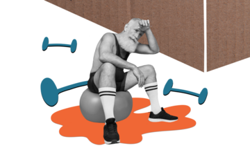 Composite photo collage of tired old pensioner sit fitness ball funny sportswear dumbbells weight loss sport isolated on painted background
