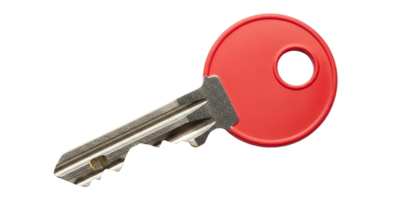 Isolated euro cylinder key with red plastic head for house or apartment door lock