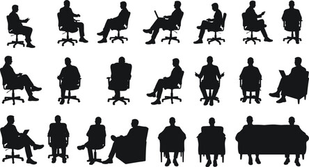 Silhouettes of businessmen sitting on office chairs, using laptops, talking, working, ideal for corporate presentations, business concepts, meetings, and workplace scenes