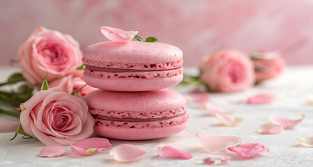 A close up arrangement featuring two pink macarons with pink rose