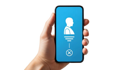 Isolated hand holding modern frameless smartphone showing profile icon on blue screen