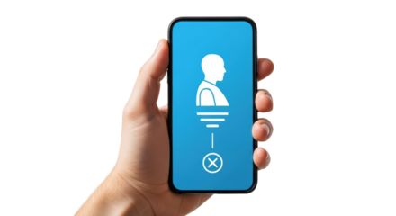 Isolated hand holding modern frameless smartphone showing profile icon on blue screen