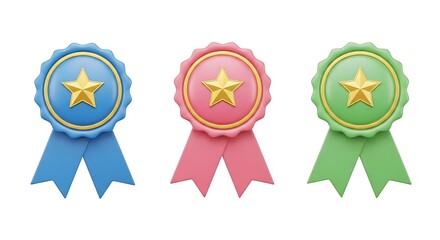 Set of three colorful 3D award ribbon medals with stars isolated on a white background.