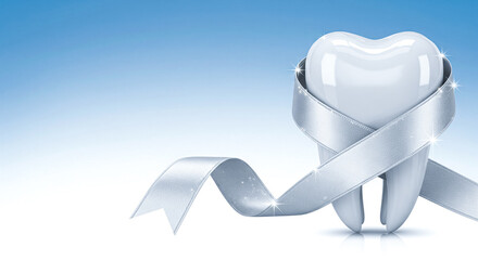 A healthy white tooth wrapped in a sparkling silver ribbon. Concept for premium dental care, quality treatment, and celebration. 3D illustration.