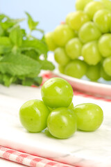 Fresh Green Grapes on White Plate with Red Checkered Kitchen Towel