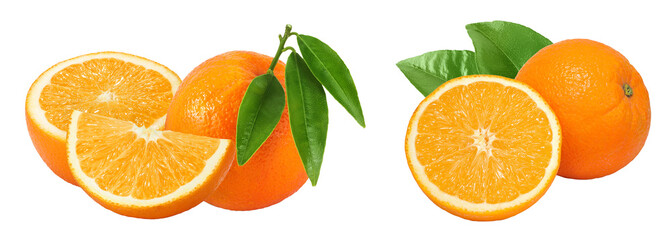Orange fruit with leaves isolated on white background with full depth of field