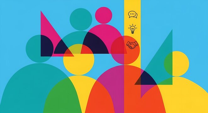 Conceptual illustration of diverse teamwork, showcasing collaboration and creative ideas through colorful abstract shapes and business icons - Powered by Adobe