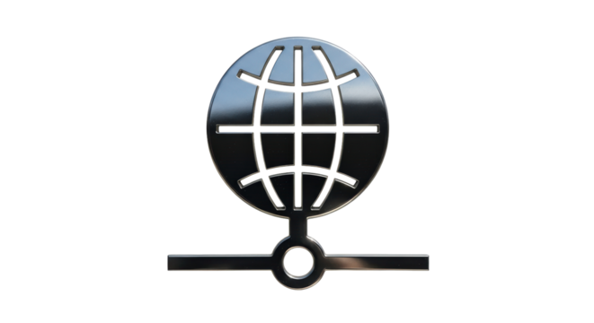 Isolated chrome globe emblem representing global connection network, isolated on clear background