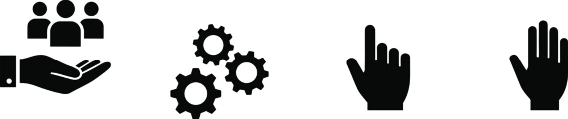 Collection of four black icons representing people, gears, and hands on a white background Keywords: icon, people, group
