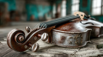 A close-up of a vintage wooden violin resting on aged sheet music, showcasing intricate details and nostalgic ambiance.