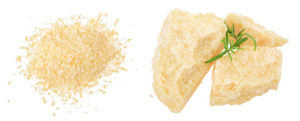 grated parmesan cheese isolated on white background. Top view. Flat lay.