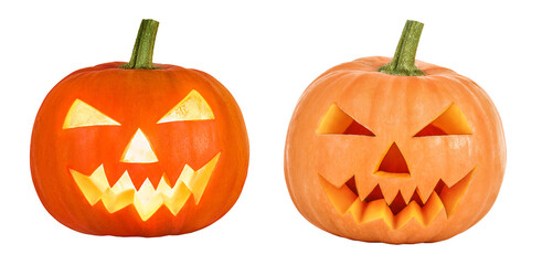 Funny Jack O Lantern halloween pumpkin with candle light inside isolated on white background