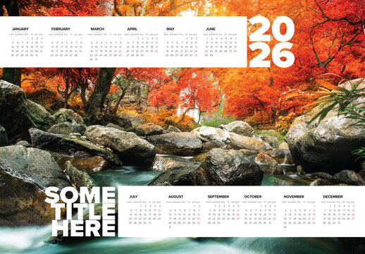 2026 calendar template with dates in two rows and photo placeholder in the background