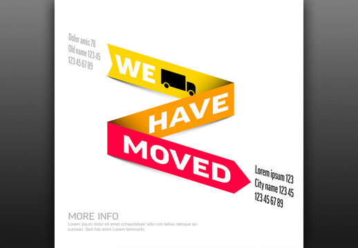 We Have Moved banner with truck icon and address details