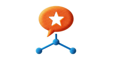 Isolated review rating speech bubble on blue three-point support device for customer feedback