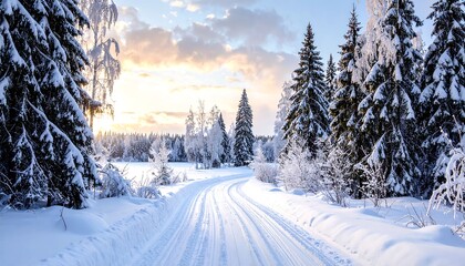Obraz premium Snow-covered road curving through a forest of trees under a bright, cloudy sky