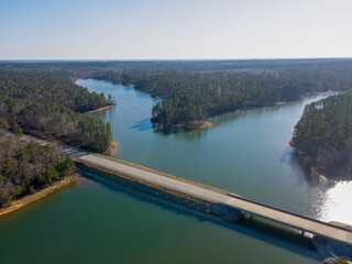 Aerial landscape Clarks Hill Lake in winter after Hurricane Helene in Appling Augusta Georgia