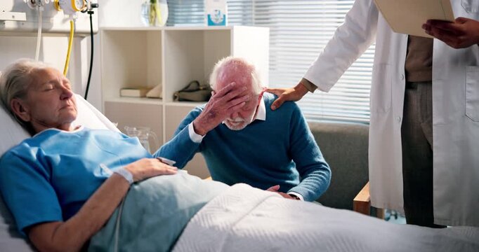 Senior couple, doctor or stress with sad news for cancer, loss or time of death in hospital. Old man, grief and medical surgeon with bad results, condolence or empathy for deceased patient in clinic