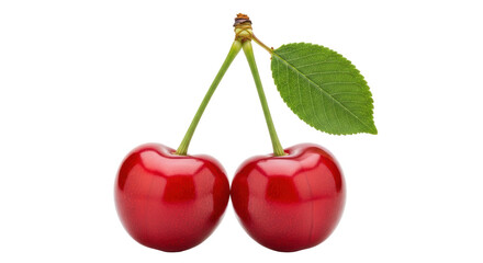 Isolated Two ripe sweet cherries with stem and leaf still attached; healthy, organic food