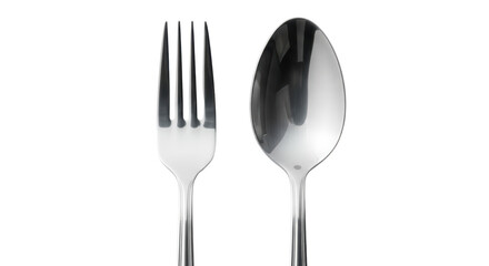 Isolated silverware shiny cutlery set fork spoon for dining eating on neutral surface.