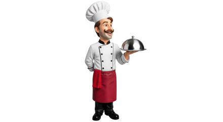 Isolated Chef character holding a serving platter with a dome lid in formal kitchen uniform