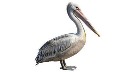Isolated Dalmatian pelican standing tall, a majestic waterbird with elegant plumage and long beak