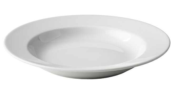 Isolated white ceramic soup plate, elegant shallow bowl, blank dish for fine dining ware