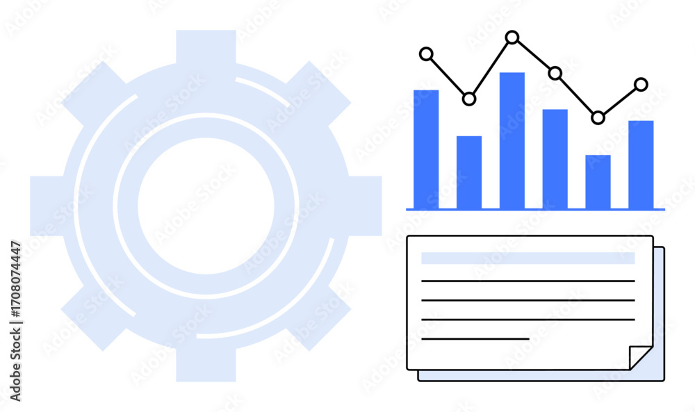 Aufkleber gear symbol alongside a bar graph with a line chart and text document conveys process, analytics, an