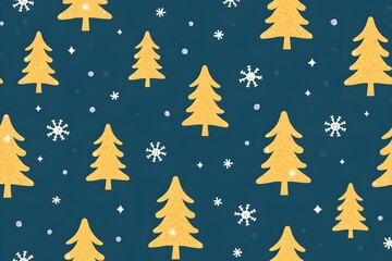 pastel pattern with stylized yellow Christmas trees and falling snowflakes on dark blue background for winter