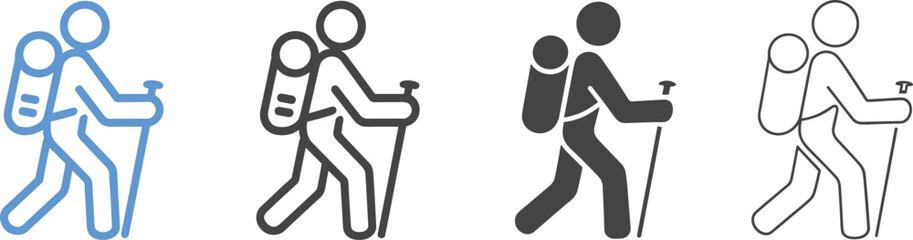Four stylized icons of a hiker with a backpack and trekking pole in different styles Keywords: hiker, trekking, hiking, backpack