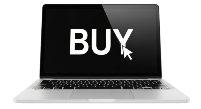 Isolated laptop computer with a white cursor over the word BUY in black screen display