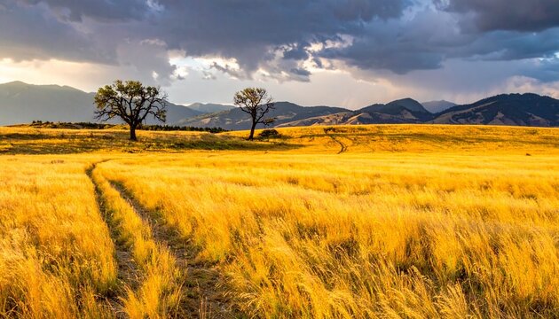 Rolling hills blanketed in vibrant yellow flowers under golden sunlight—ideal for nature tourism, seasonal campaigns, or scenic landscape collections. - Powered by Adobe