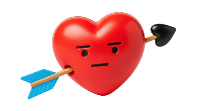 Isolated Heart shape pierced by arrow, feeling hurt, neutral expression, love concept
