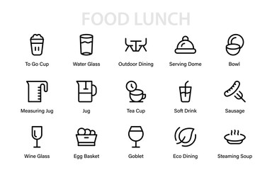 Food lunch Modern Line Icon Set, Professional Minimal Vector Outline Collection of Kitchen, Menu, Dining, Chef, Cooking, and Beverage Illustrations
