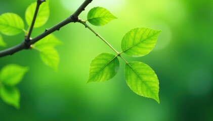 Obraz premium Single, delicate tree branch, fresh green leaves , branch, simple, white background