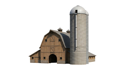 Isolated Barn with Silo Structure, Building Exterior, Farmhouse, Wood Construction, Rural Theme © Johanna