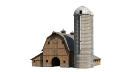Isolated Barn with Silo Structure, Building Exterior, Farmhouse, Wood Construction, Rural Theme