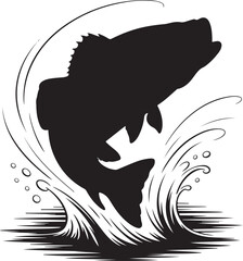 Silhouette Of A Bass Fish Leaping Through Water Splashes