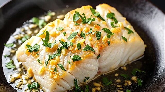 Close-up of baked cod fillet with garlic butter sauce, garnished with parsley on dark background