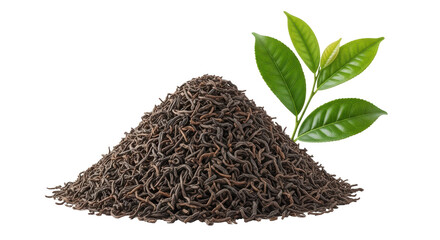 Isolated mound of dried black tea with green tea leaves, preparing herbal beverage
