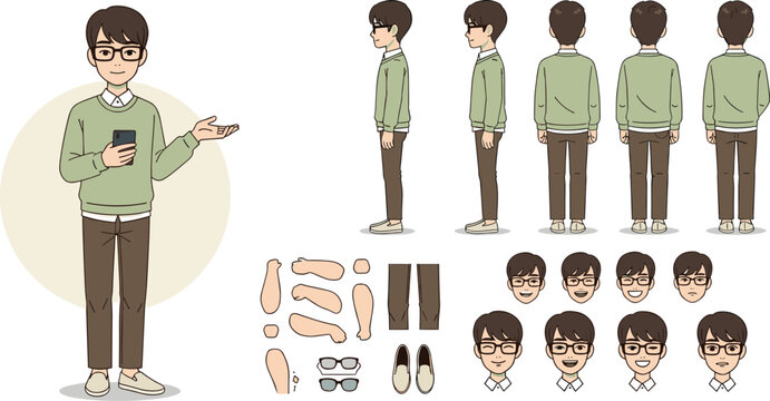 Young man character creation set with multiple turnaround views, hand gestures, and a variety of facial expressions for animation