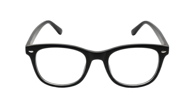 Isolated black eyeglasses frames, retro style, vision care, vintage design, clear lenses