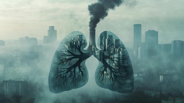 Double exposure of human lungs and urban skyline with thick smoke and pollution, showing the environmental cost of industrial growth and the critical need for global awareness of air quality dangers
