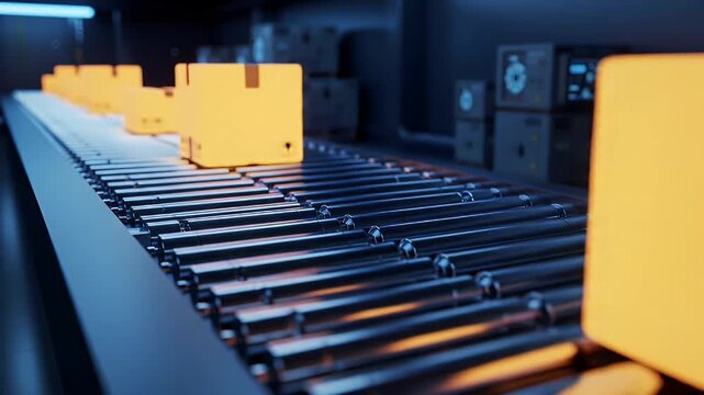 Cardboard Boxes Moving on Conveyor Belt System in Factory with Cool Blue Lighting