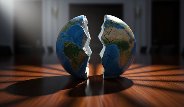A globe cracked in half placed on a negotiation table, dramatic shadows, metaphor of global division. - Powered by Adobe