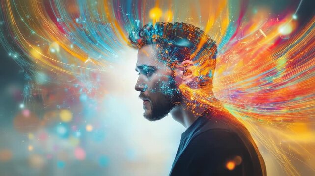 In a futuristic setting, a male figure contemplates technology innovation. The vibrant cosmic environment is filled color energy as he explores groundbreaking ideas that push the limits of creativity