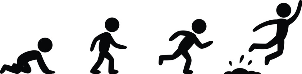 Progression Of Human Figure From Crawling To Jumping In Black Silhouette Keywords: progression, movement, action, sequence